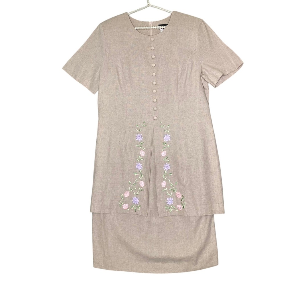 Vtg M.H.M. Dress Womens 16 Tan Floral Linen Blend Embroidered Cottagecore Modest